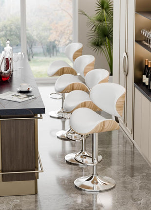 Set of 3 Adjustable Swivel Leather Bar Stools for Kitchen Island - Mid-Century Modern Counter Height Chairs with Backrest and Footrest in Cream White