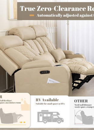 Zero Wall Hugger Power Reclining Sofa with Adjustable Headrest, Electric Reclining Couch Featuring Drop-Down Table and Outlets, Power Loveseat Recliner Sofa for Living Room and RV (Beige, 3-Seater)
