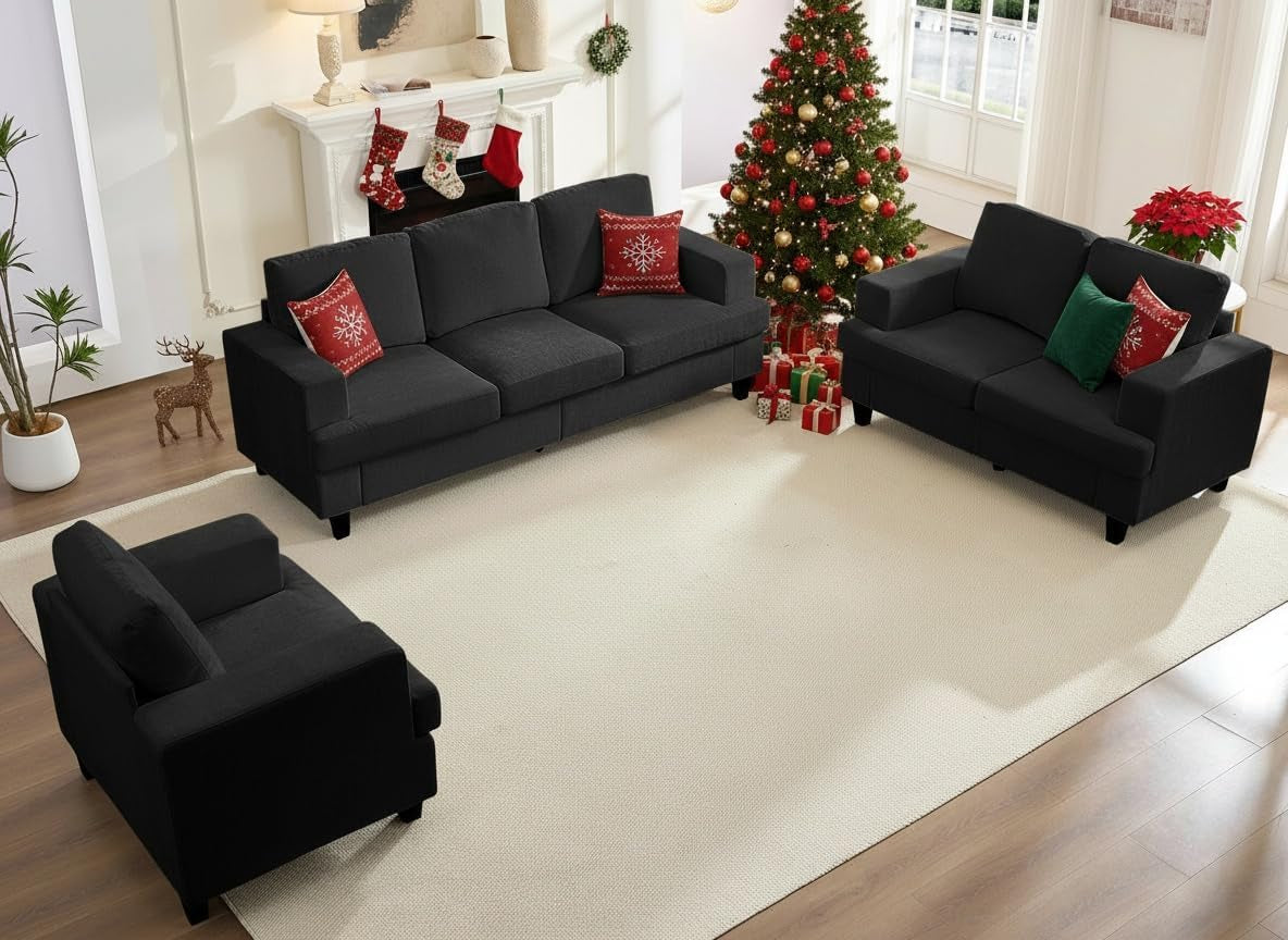 82" Width 3 Piece Living Room Sets Furniture, 3 Seater Sofa Couch and Loveseat and Chair Set, Modular Sectional Sofa Couch Sets, Sofas Couches Set for Living Room Bedroom Home Office, Dark Grey