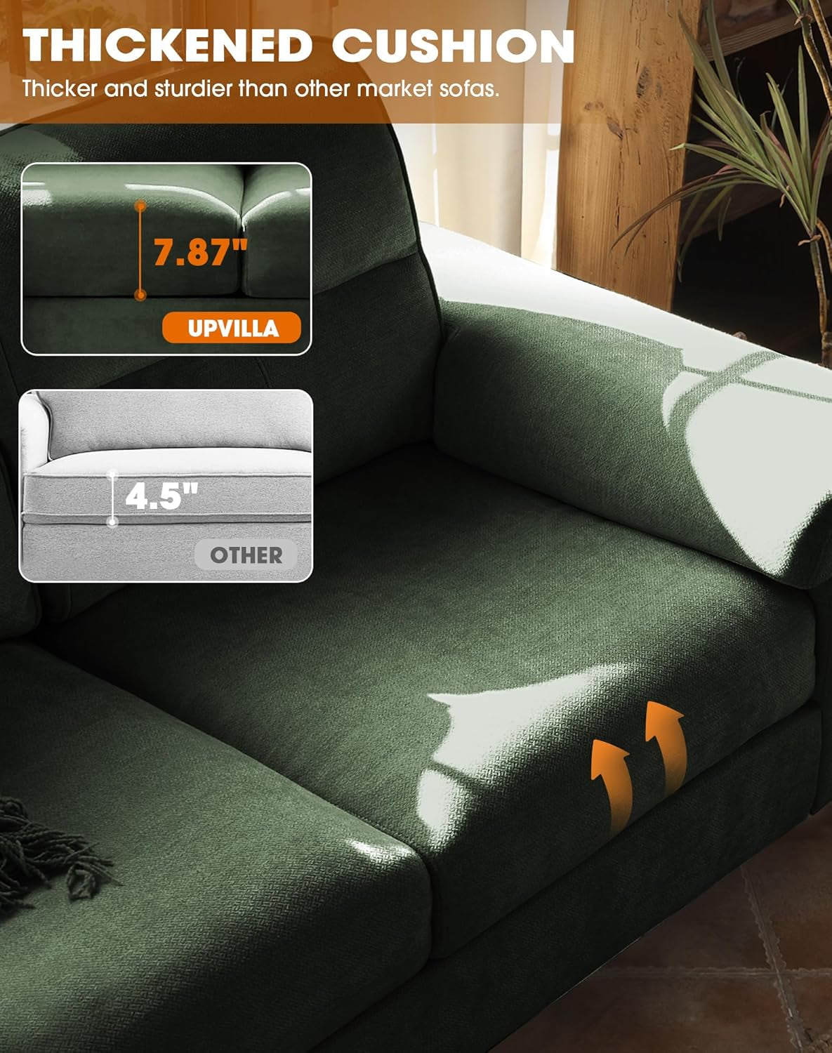 88.97" Modern Sofa Couch for Living Room, Deep Seat Sofas with 8”Cushion, Comfy 2-Seater Chenille Loveseat with Convertible Armrest, Removable Sofa Cover, High Leg (Green)