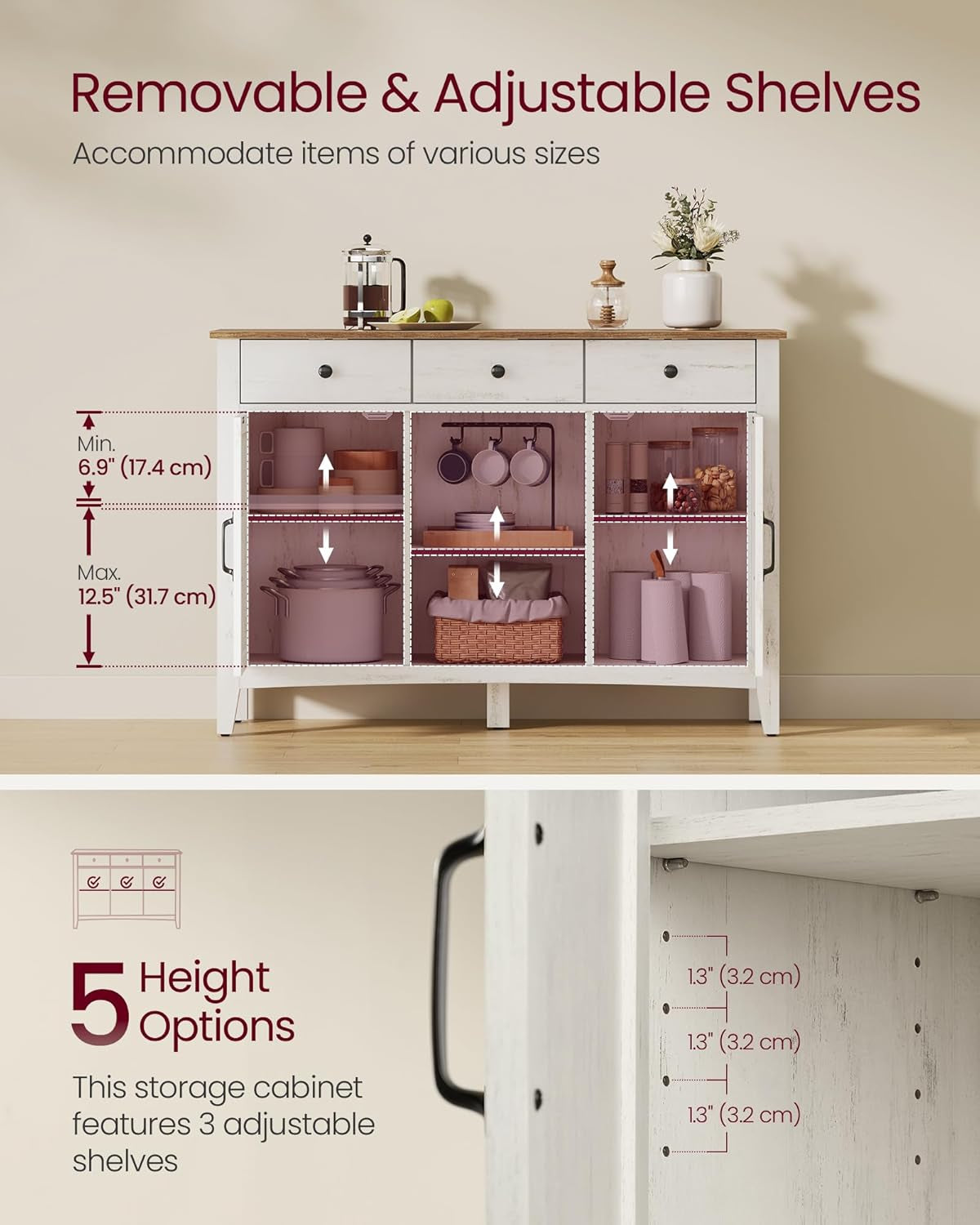 LIRY Collection - Buffet Cabinet, Coffee Bar Cabinet with 3 Drawers, Adjustable Shelves, Sideboard Storage with Cable Holes, Drawer Dividers, Rustic White and Honey Brown UBBK371W01V1