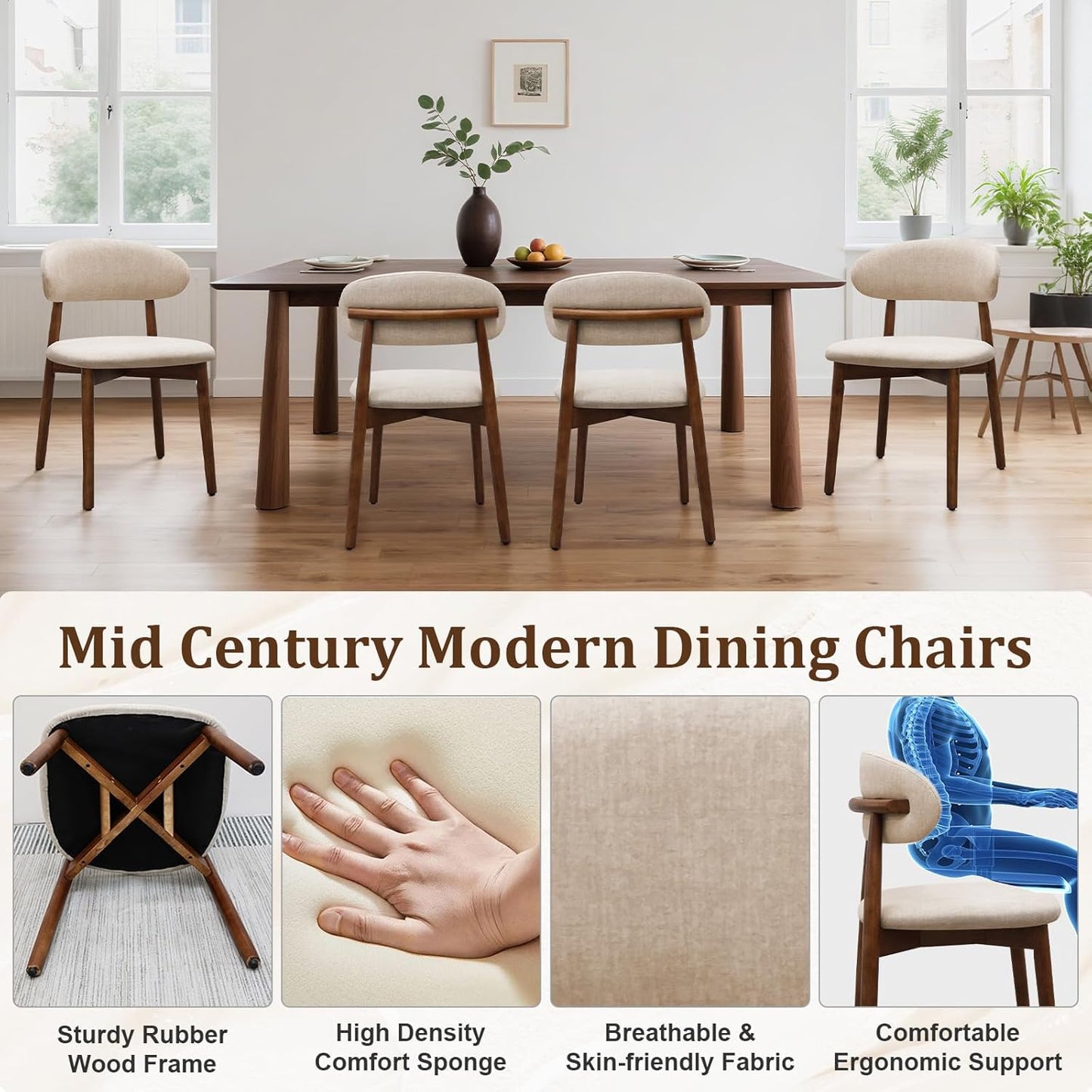 Farmhouse Dining Chairs Set of 4, Mid Century Modern Fabric Upholstered Kitchen Chairs, Wooden Dining Room Chair with Curved Back for Kitchen Dining Room Restaurant Cafe, Light Camel (Only Chairs)