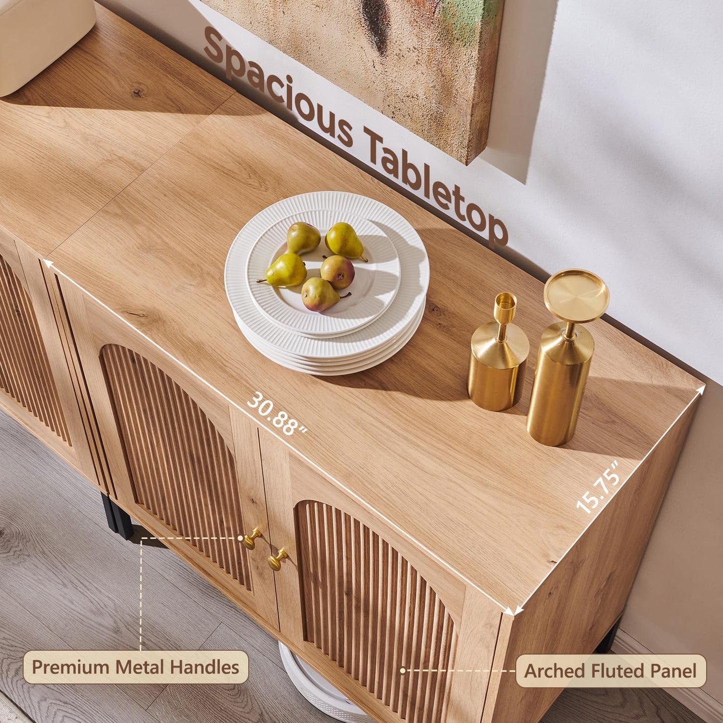 Modern Buffet Cabinet with Storage, 92.63" W Fluted Arched Sideboard Cabinet W/Adjustable Shelves, Wooden Modular Coffee Bar for Dining Room, Kitchen, Living Room, Entryway, Natural