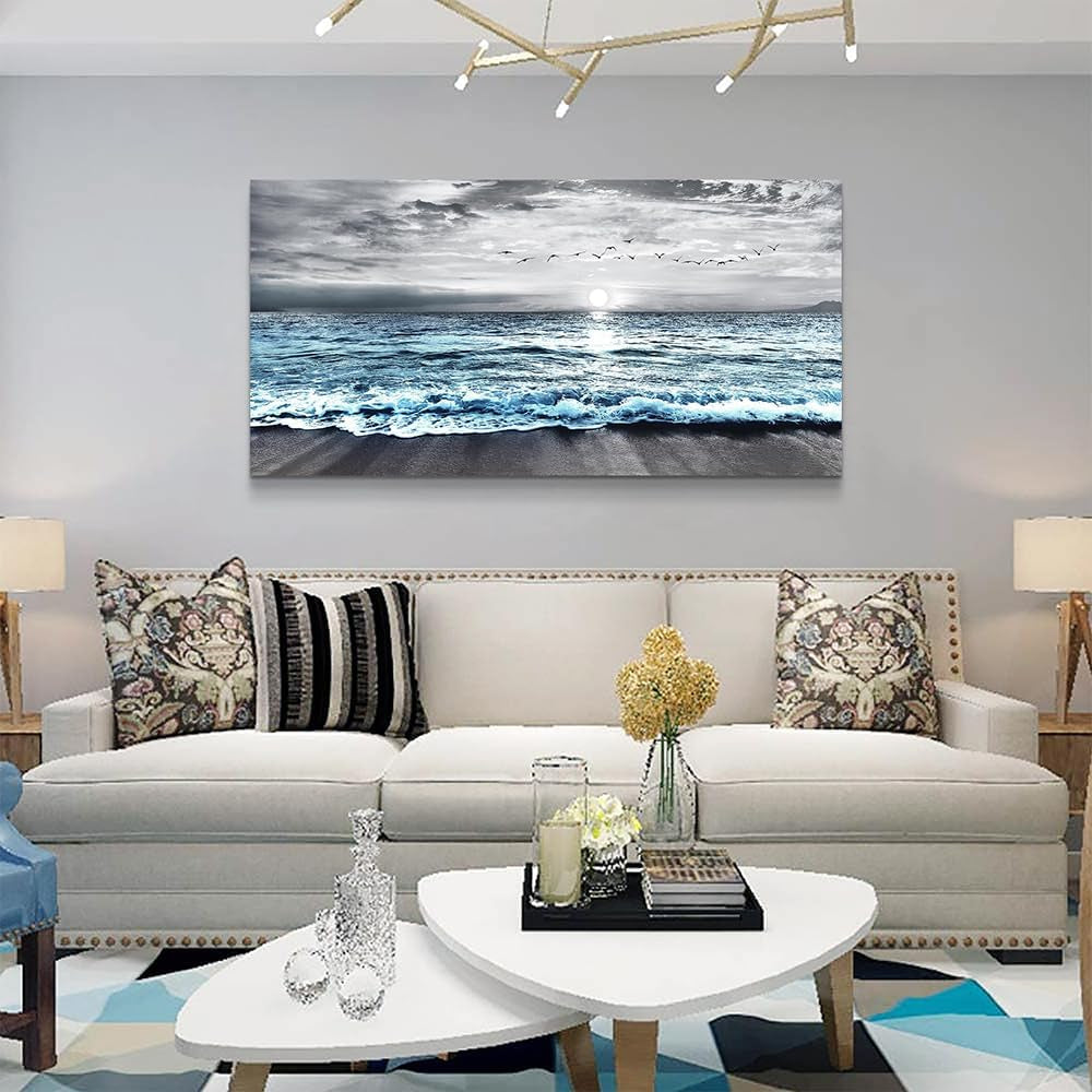 Large Canvas Wall Art for Living Room & Bedroom Decor - Black & White Blue Sea Wave Pictures - Framed Beach Posters