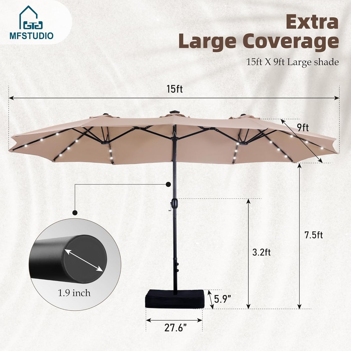 15Ft Double Sided Patio Umbrella with Solar Lights, Outdoor Large Umbrellas with Crank Handle and 36 LED Lights, Rectangular Market Umbrella with Base Included for Deck Pool Shade, Beige