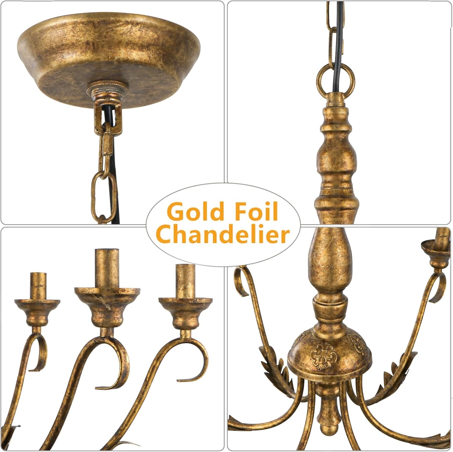 6-Light Farmhouse Chandelier, 23.62'' Vintage Brass Gold Chandeliers for Dining Room, Adjustable Rustic Metal Hanging Pendant Light Fixture for Kitchen Island Entryway Foyer Bedroom Hallway