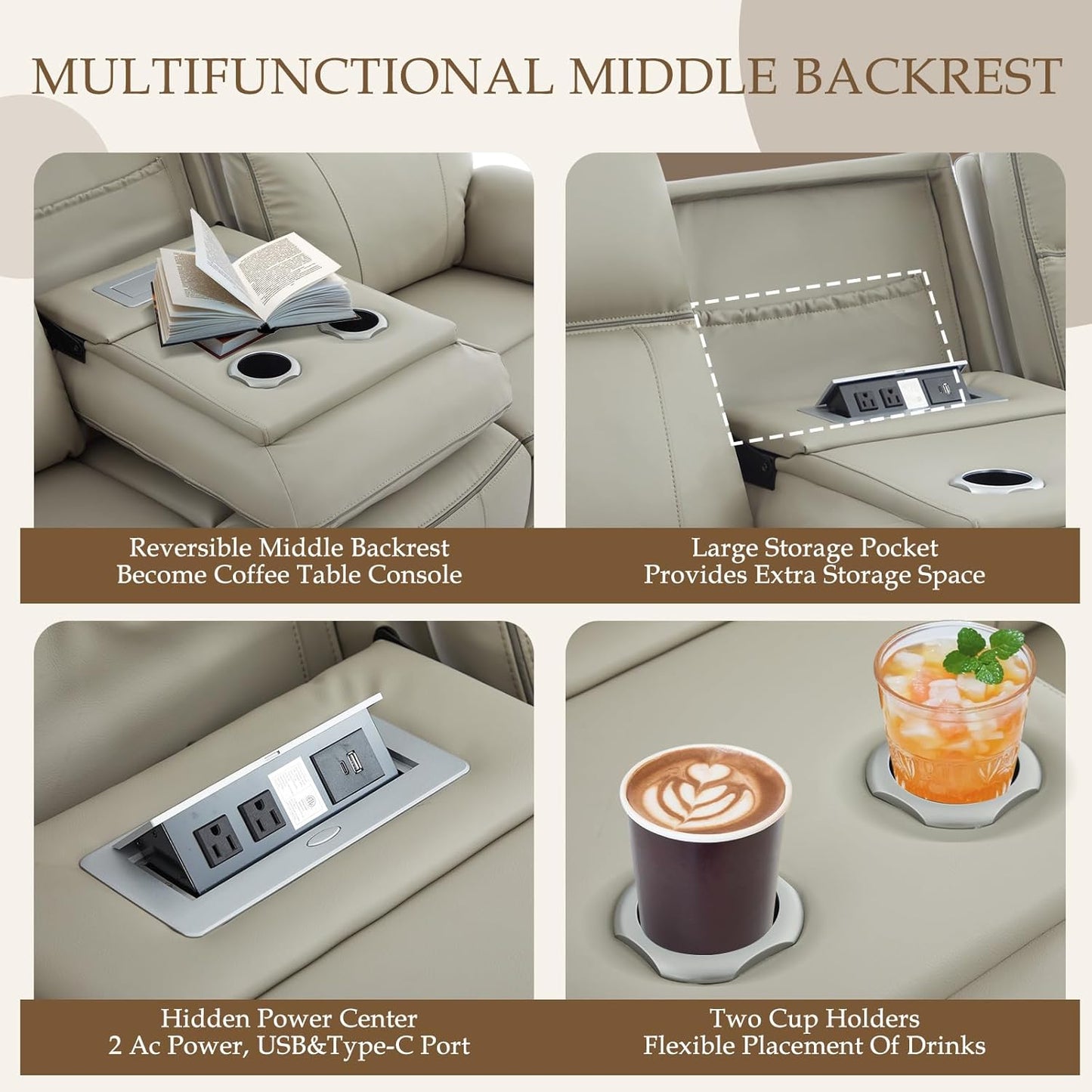 Power Reclining Sofa with Fold down Table, Breathable Leather Electric Reclining Couch, Power Loveseat Recliner Sofa with Cup Holders/Outlets/Usb-C/A Ports for Living Room(Grey, 3 Seat)