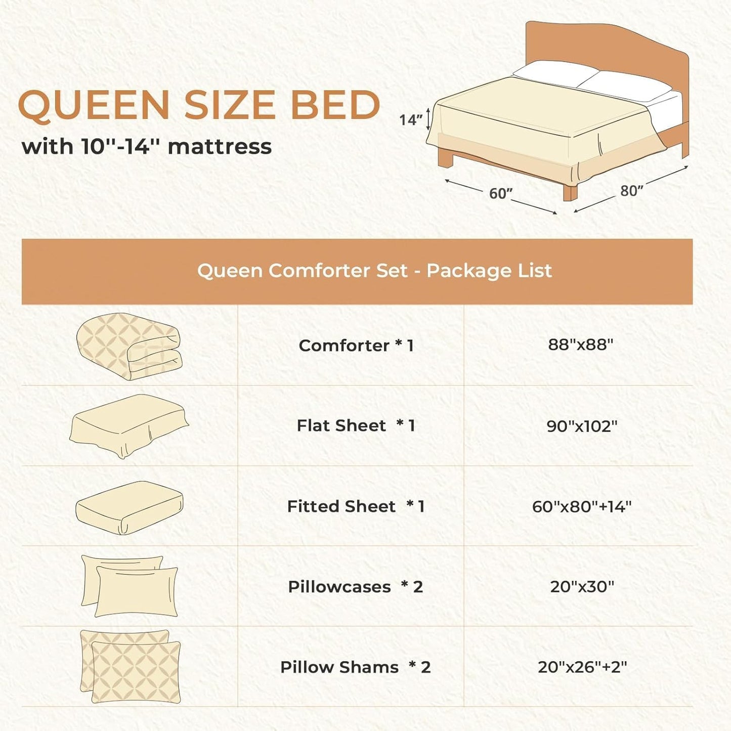 Queen Comforter Set, 7-Piece Bed in a Bag, Pintuck Bedding Sets for All Season, Includes Comforter, Flat Sheet, Fitted Sheet, Pillowcases and Pillowshams, Beige