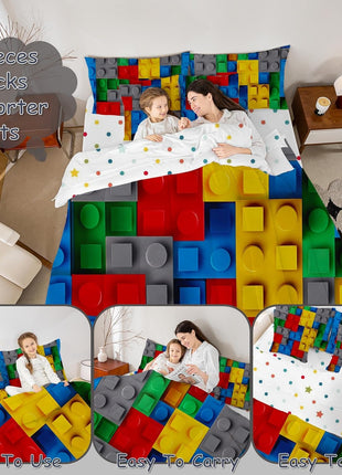 3D Building Blocks Comforter Set - 7 Piece Twin Bed in a Bag, Colorful Construction-Themed Bedding with Gradient Rainbow Brick Design