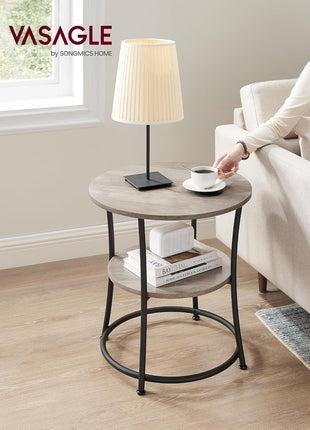21.7-Inch Round Side Table with Steel Frame, Two-Tier Design, Generous Surface Area and Storage Shelves for Living Room and Bedroom, Heather Greige and Ink Black Finish