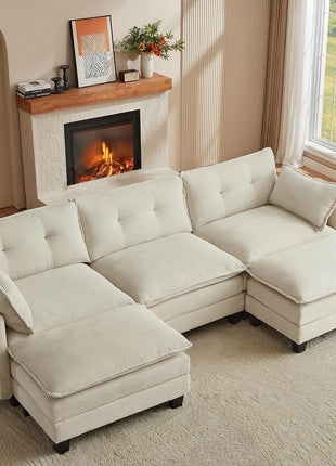 Modular U-Shaped Corduroy Sectional Sofa - 111.5" Comfortable 3-Seater with Two Movable Ottomans, Versatile Modern Deep Seat Design in Beige