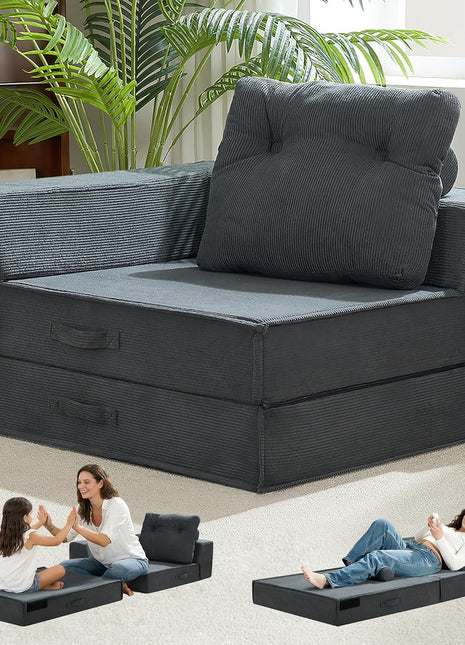 Convertible 4-in-1 Folding Sofa Bed with Memory Foam Mattress and Support Pillow - Modern Futon Chair for Living Room, Apartment, and Guest Use in Black Grey