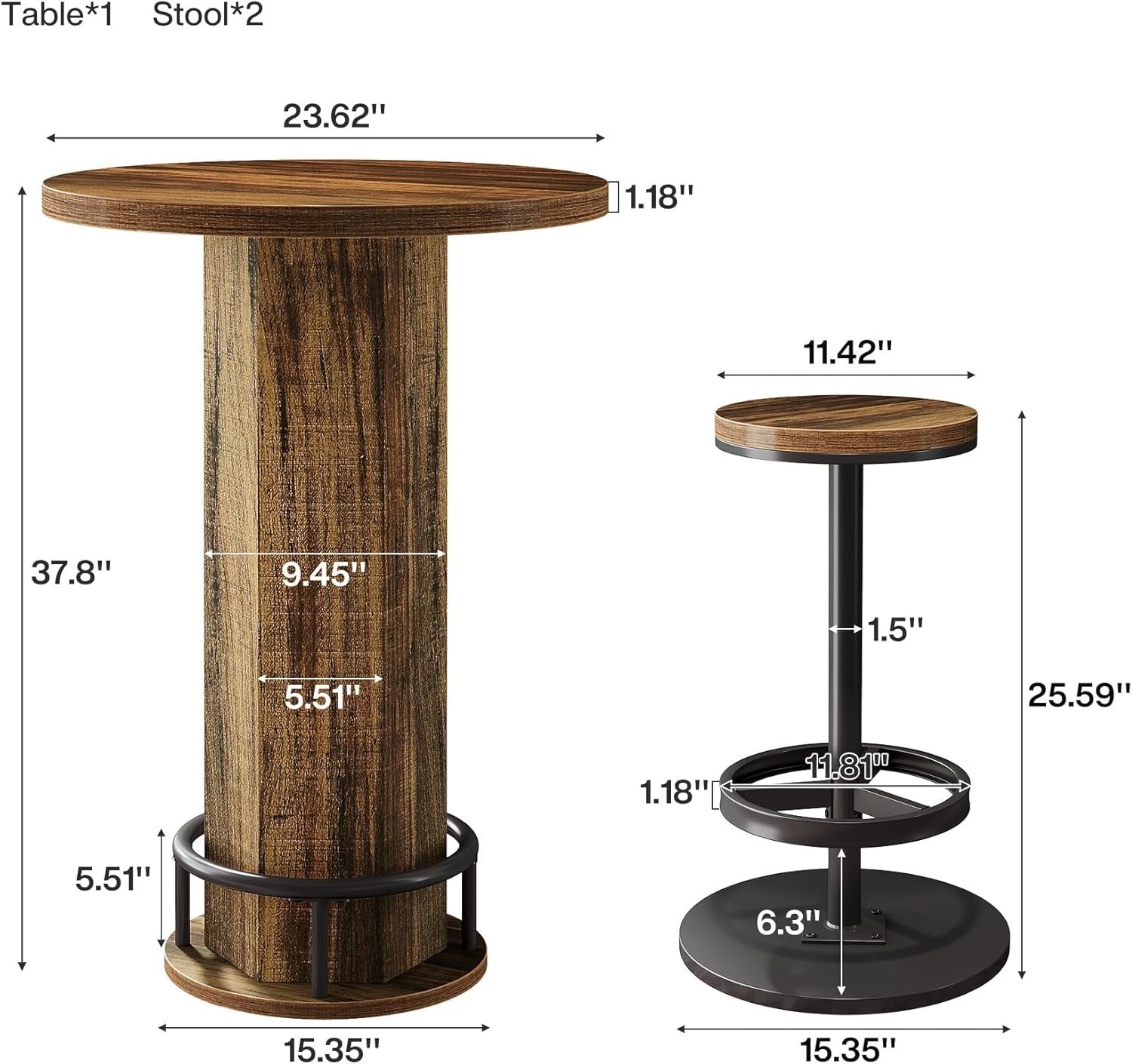 round Bar Table with Chairs, Industrial Bistro Sets with 2 Barstools, Pub Cocktail Table with Metal Ring Footrest for Kitchen Nook, Apartment, Small Space