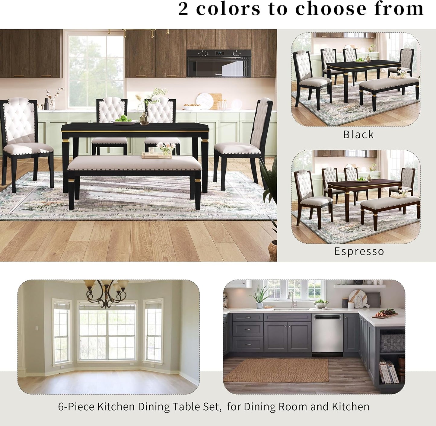 6-Piece Kitchen Dining Table Set, 60" Rectangular Table with 4 High-Back Tufted Upholstered Chairs & 1 Bench, Rubberwood Legs Modern Elegant Farmhouse for Kitchen Room, Black