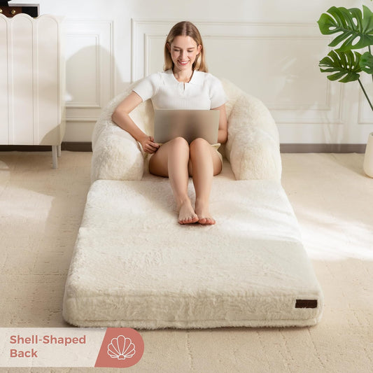 Folding Sofa Bed, 2 in 1 Convertible Sofa to Lounger Comfy Single Bean Bag Chair for Adults, Floor Sleeper Couch with Handle, Faux Fur Couch Bed for Living Room Bedroom, Beige