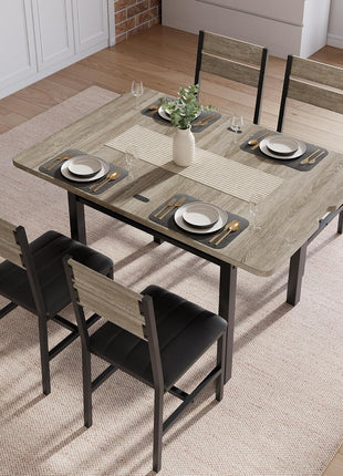 Extendable Dining Table Set for Four with PU Leather Upholstered Chairs and Integrated Storage Rack, Perfect for Compact Spaces, Grey Finish