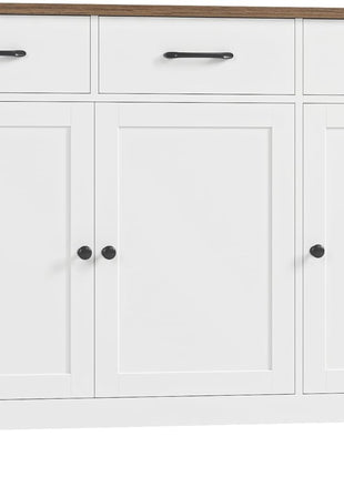 47-Inch Contemporary Farmhouse Buffet Cabinet with Storage Solutions, Adjustable Shelves, and Drawers for Dining Room, Kitchen, and Entryway - White Wood Sideboard