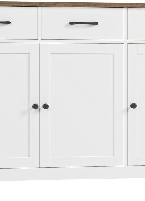 47-Inch Contemporary Farmhouse Buffet Cabinet with Storage Solutions, Adjustable Shelves, and Drawers for Dining Room, Kitchen, and Entryway - White Wood Sideboard