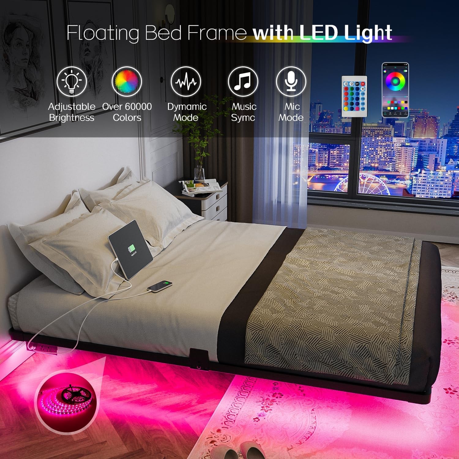 Floating Bed Frame Full Size with Smart LED Lights and Charging Station - Modern Metal Platform Bed, Easy Assembly No Box Spring Needed