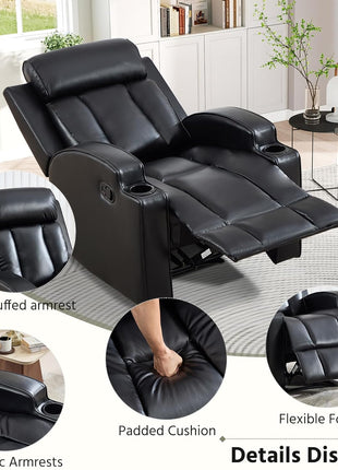 Premium PU Leather Manual Recliner Chair for Adults with Cup Holders and Padded Backrest, Overstuffed Heavy Duty Reclining Sofa for Living Room and Bedroom, Black