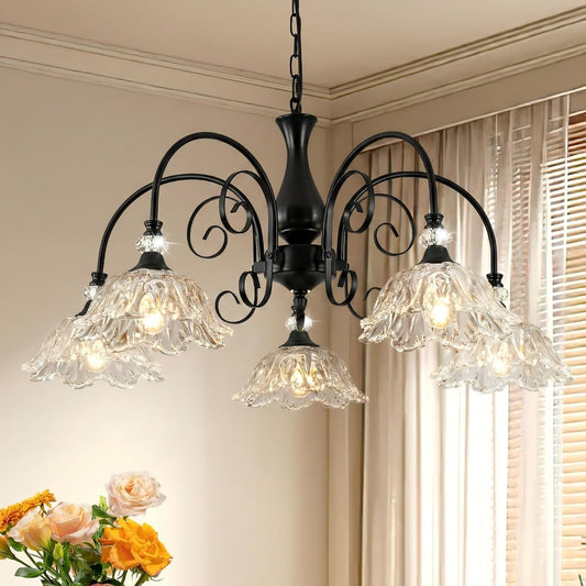 5-Light Chandeliers in Matte Black Finish with Crystal Glass Shades, Farmhouse Chandelier Light for Dining Room,Hallway,Kitchen