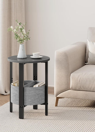 Set of 2 Contemporary Half Moon Accent Tables with Storage Basket, Small Round Side Tables for Living Room and Bedroom in Gray Walnut