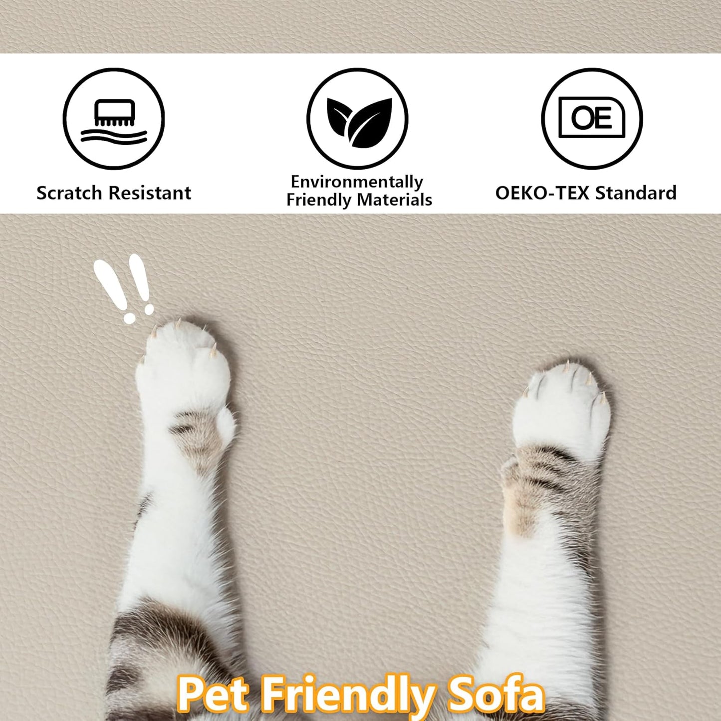 Faux Leather Sectional with Ottoman, Oversized Modular Couch, Modular Sectional Sofa with Deep Seat, Scratch Resistant Faux Leather Material, U Shaped Couch for Big Spaces, Beige