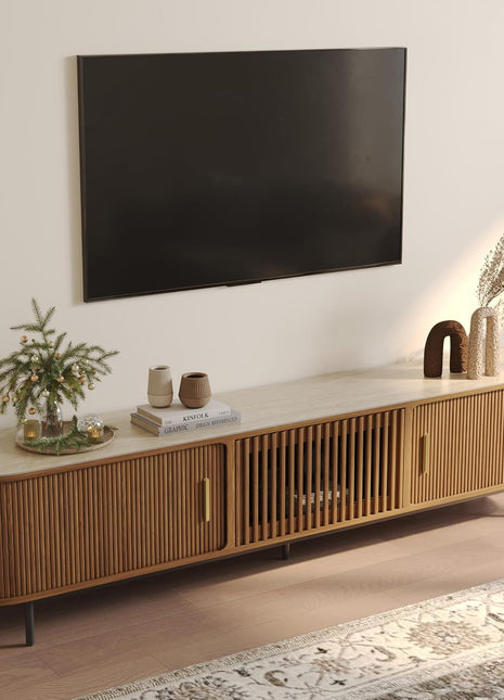 Mid-Century Modern Fully Assembled Sliding Tambour Door TV Stand, Sintered Stone Media Console for 85-Inch TVs, Walnut Entertainment Center with Storage Cabinet (94.49")