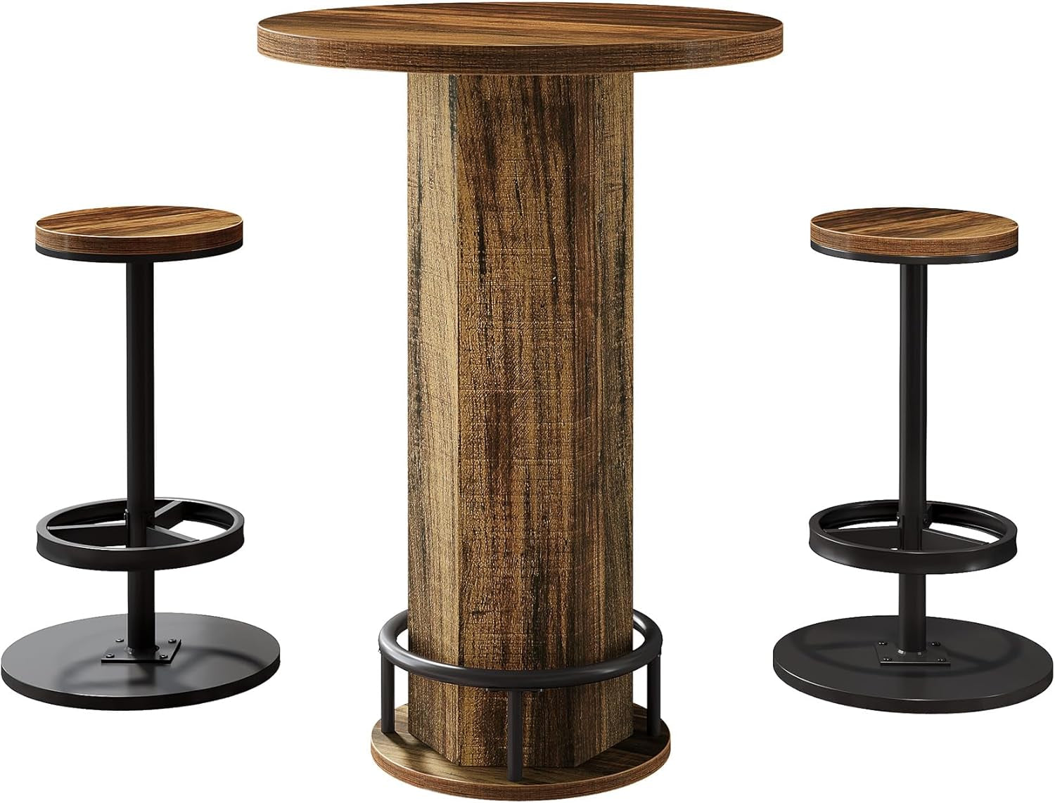 round Bar Table with Chairs, Industrial Bistro Sets with 2 Barstools, Pub Cocktail Table with Metal Ring Footrest for Kitchen Nook, Apartment, Small Space