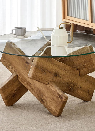 Round Glass Top Coffee Table for Living Room, 33.4-Inch Rustic Farmhouse Center Table with Mid-Century Wooden Crossed Legs