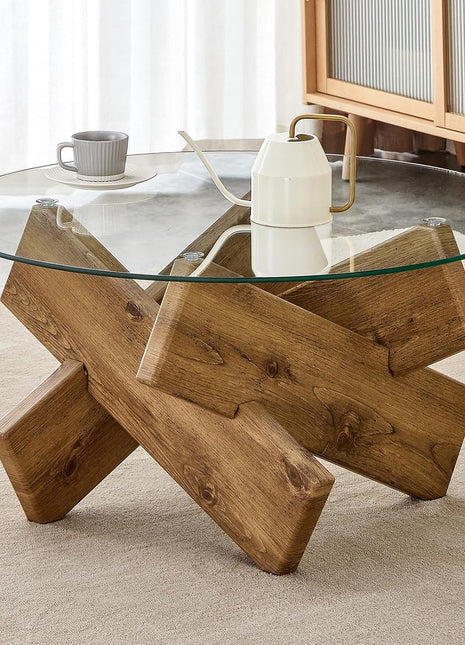 Round Glass Top Coffee Table for Living Room, 33.4-Inch Rustic Farmhouse Center Table with Mid-Century Wooden Crossed Legs