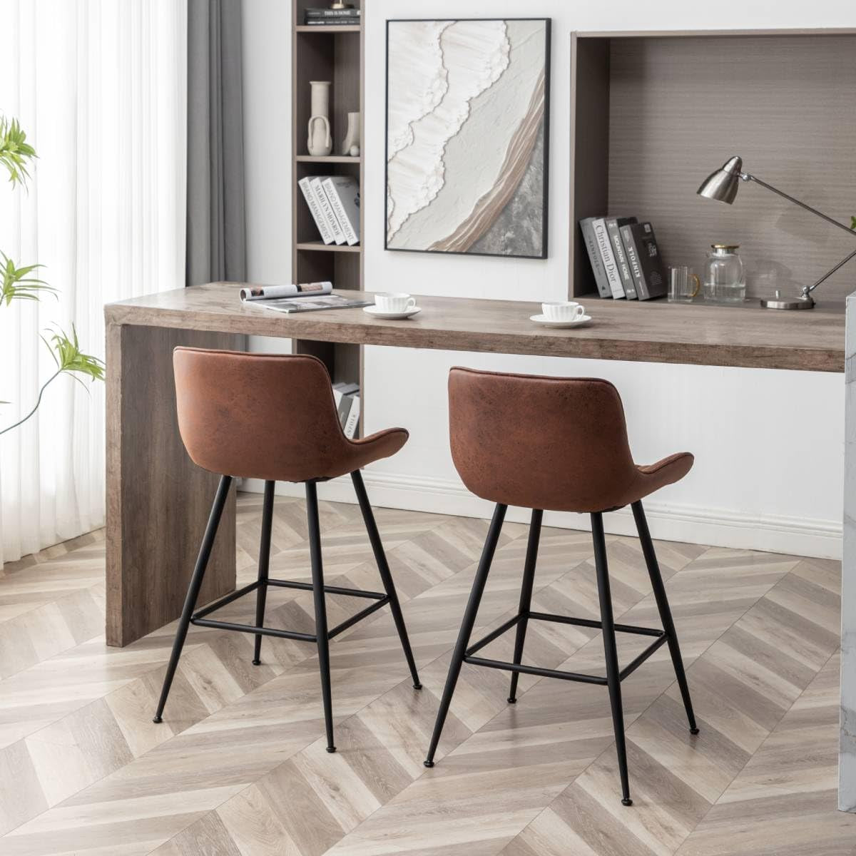 Brown Bar Stools Set of 2, Fabric Upholstered Barstools Armless, 24 in Bar Stool Bar Height, Black and Brown Barstools for Home Bar, Coffee Bar.