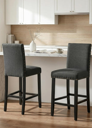 Set of 4 Charcoal Upholstered Counter Height Bar Stools with Nailhead Trim, 24-Inch Solid Wood Legs for Kitchen Island, Dining, and Bedroom