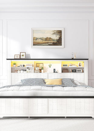 King Size Bed Frame with Headboard and Storage, Featuring 4 Drawers and Built-in LED Charging Station, Noise-Free Design, No Box Spring Required, White Farmhouse Style