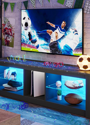 Contemporary LED Gaming TV Stand for 55-Inch TVs with Adjustable Glass Shelves, Black Marble Finish, Ideal for Living Room and Bedroom