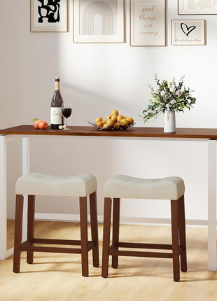 Set of 2 Upholstered 24" Counter Height Saddle Bar Stools with Footrest and Wooden Legs, Farmhouse Button-Tufted Backless Design for Kitchen Island, Dining Room, and Café in Beige and Brown