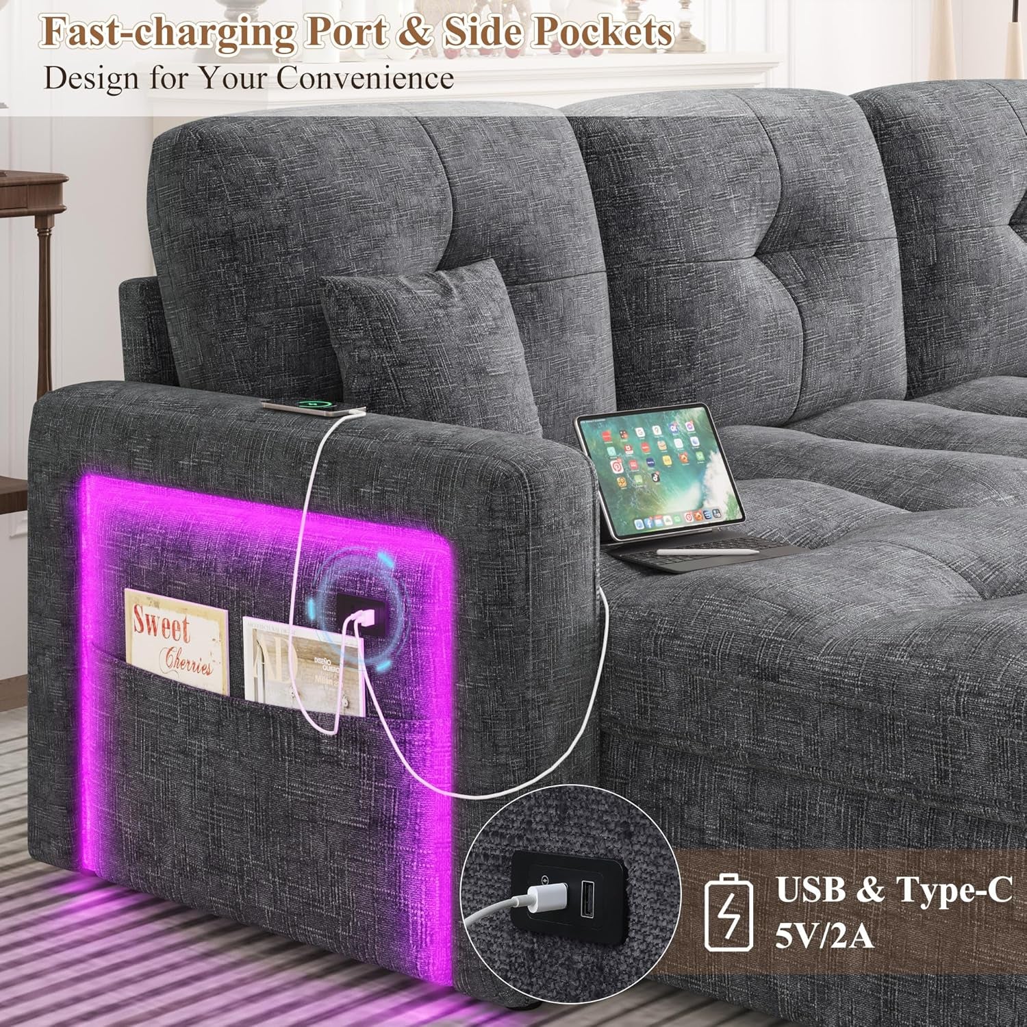 107'' LED Sectional Sleeper Sofa with Pull Out Couch Bed, Convertible U Shaped Couch with Storage Chaise, Adjustable Backrest & USB, Modern Chenille Home Sofa Living Room Furniture Set, Grey