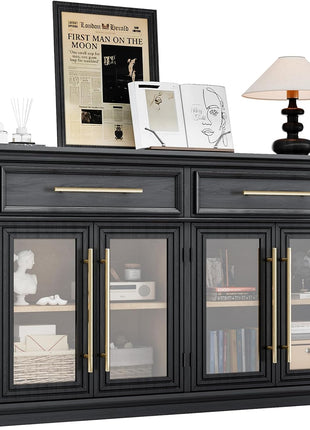 63-Inch Contemporary Sideboard Buffet Cabinet with Drawers, Adjustable Shelves, and Magnetic Closure Doors - Versatile Wooden Storage Solution for Kitchen and Living Room, Black