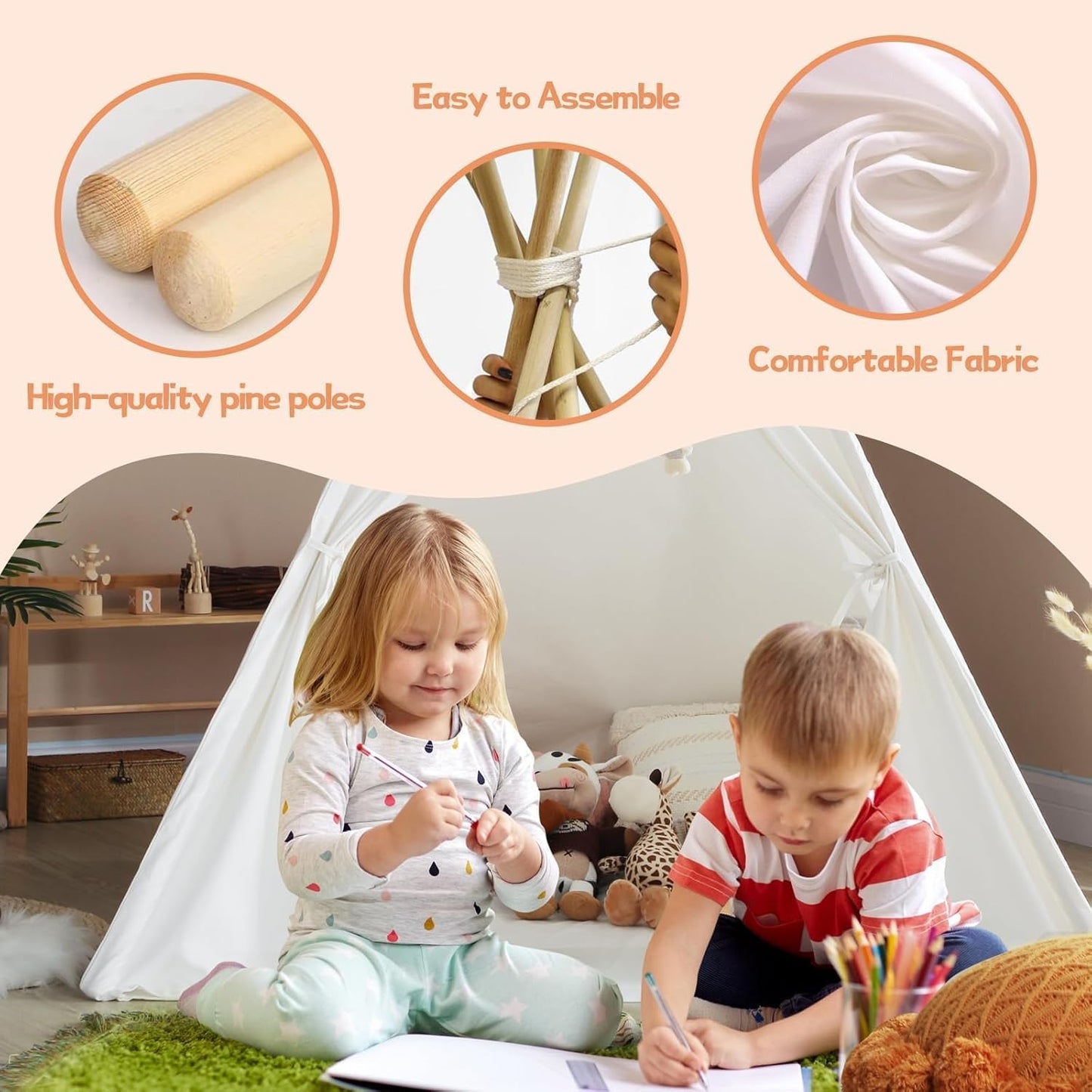 Kids Teepee Tent for Girls or Boys with Carry Case, Foldable Play Tent for Toddler Suit for Indoor and Outdoor Play, Protable Kids Playhouse Children Tent(Mat Not Included)