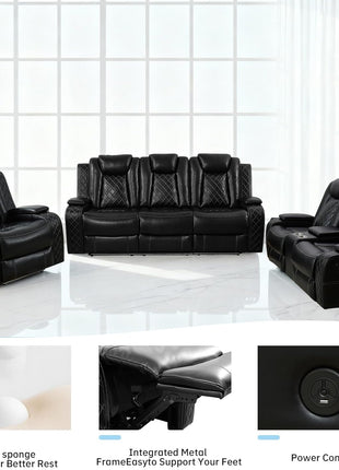3-Piece Modern Leather Power Recliner Sofa Set for Living Room with USB Ports, LED Ambient Lighting, and Storage Console in Black