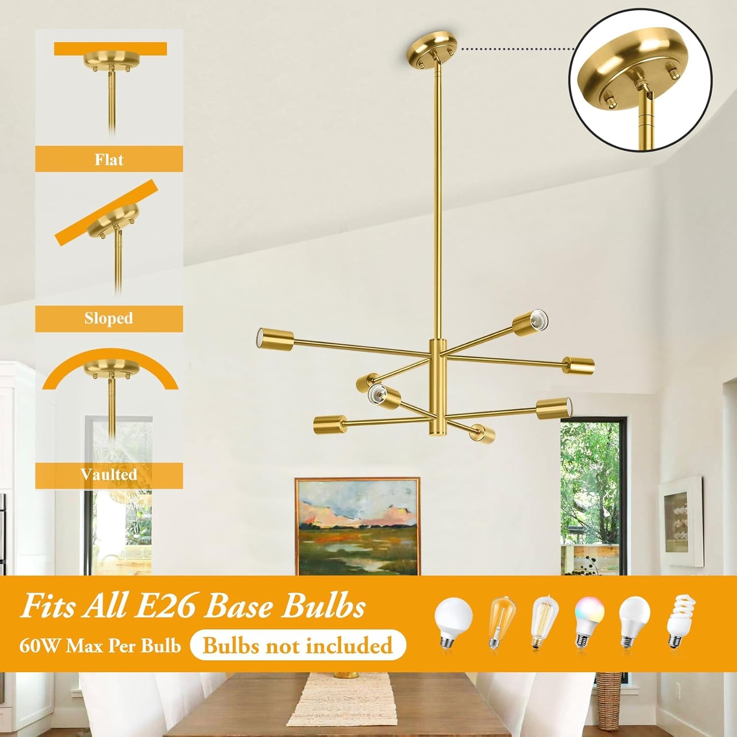 8-Light Modern Sputnik Chandelier, Mid Century Gold Chandeliers Lighting, Farmhouse Ceiling Hanging Light Fixture for Dining Room Bedroom Living Room Kitchen Foyer, Height Adjustable