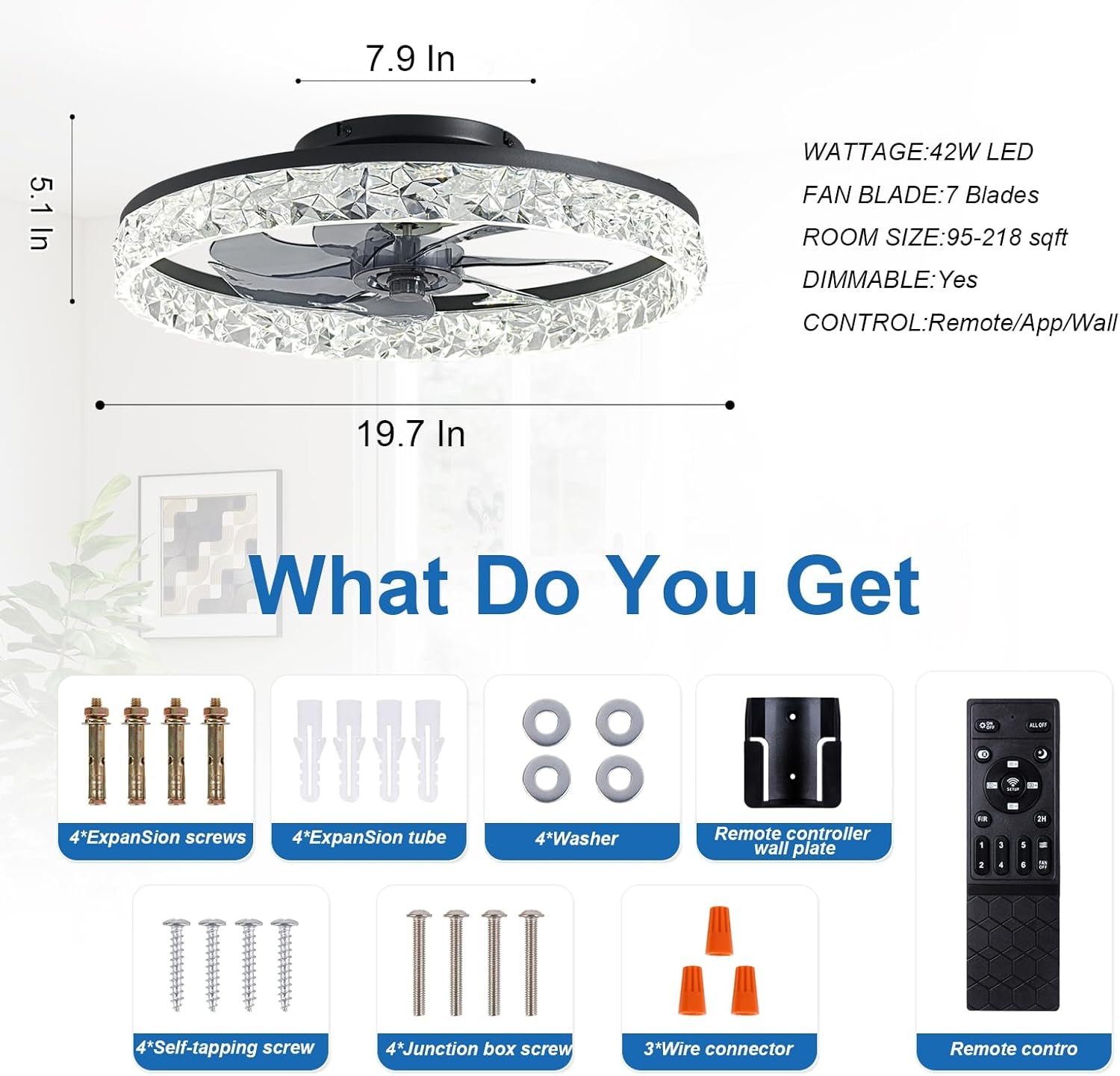 Ceiling Fans with Lights and Remote, 19.7" Low Profile Ceiling Fan with Light, 3000-6500K Dimmable, 6 Speeds and Stepless Color Temperature Change for Bedroom, Living Room and Kids Room(Black)