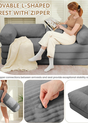 5-in-1 Convertible Sofa Bed - Elegant Boneless Couch with Removable L-Shaped Armrests, Tri-Folding Floor Mattress, and Pull-Out Bed for Enhanced Comfort