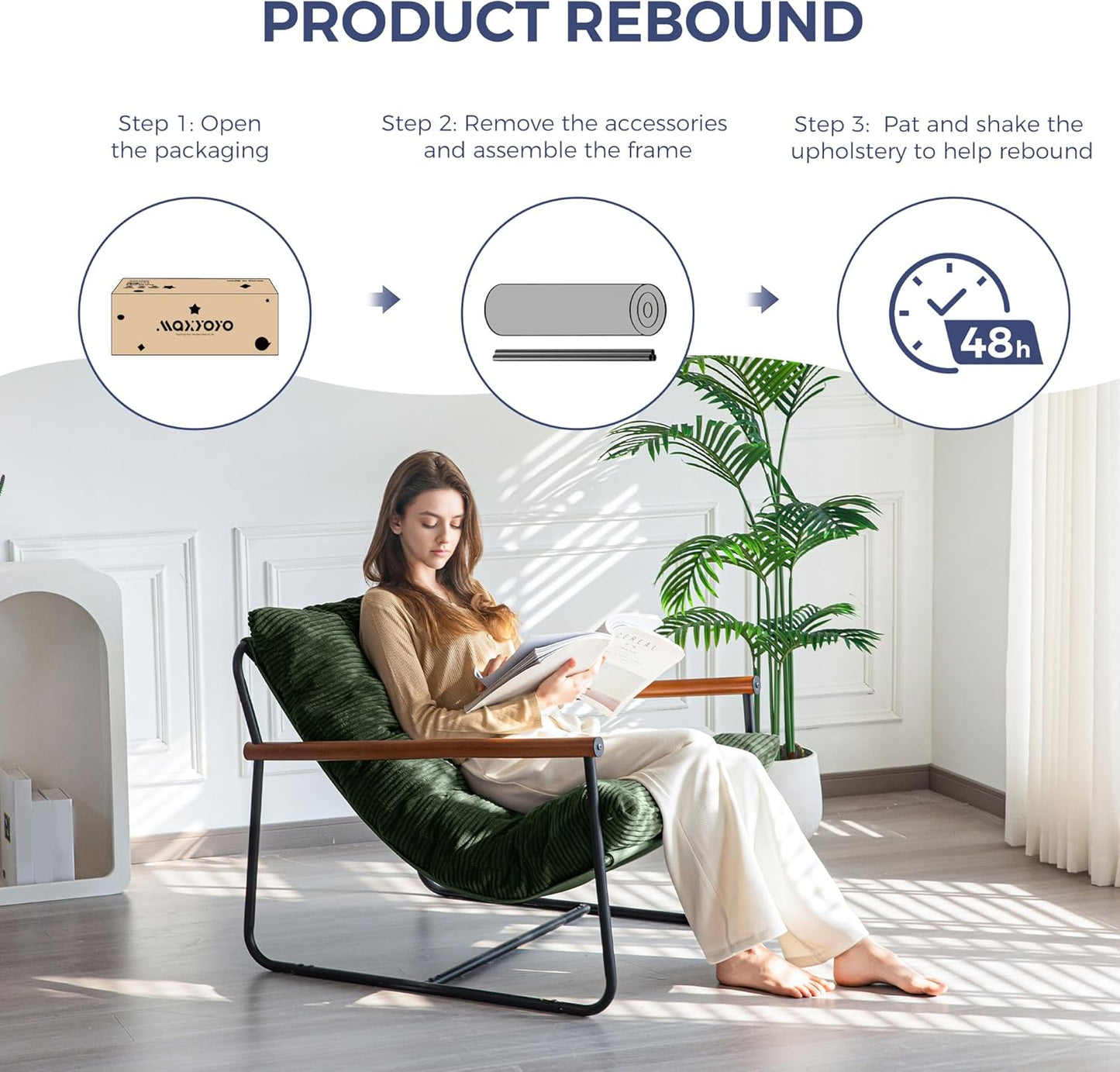 Modern Accent Chair, Comfy Living Room Chair with Metal Frame Wooden Armrest, Upholstered Armchair with Soft Cushion for Bedroom Balcony Lounge Reading Room, Dark Green