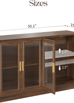 Mid-Century Modern Walnut Sideboard Buffet Cabinet with Storage - 55.1" Wood Kitchen Credenza with 4 Doors for Dining Room, Living Room, and Entryway