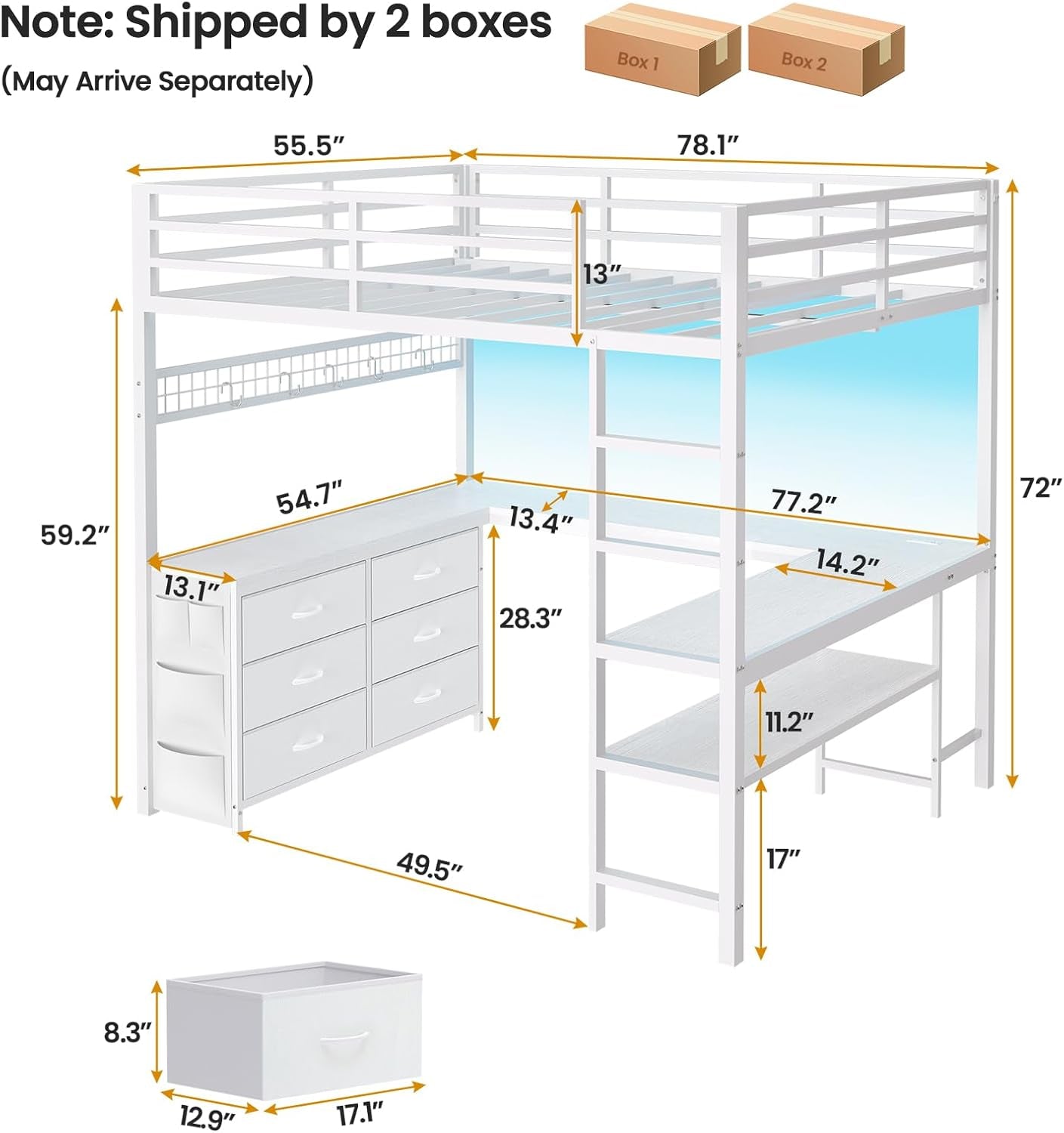 Loft Bed Full Size with U-Shaped Desk, 6 Storage Drawers, Power Outlet, LED Metal Loft Bed with 2 Storage Shelves, Bed with Safety Guardrail & Ladders,Space-Saving,White