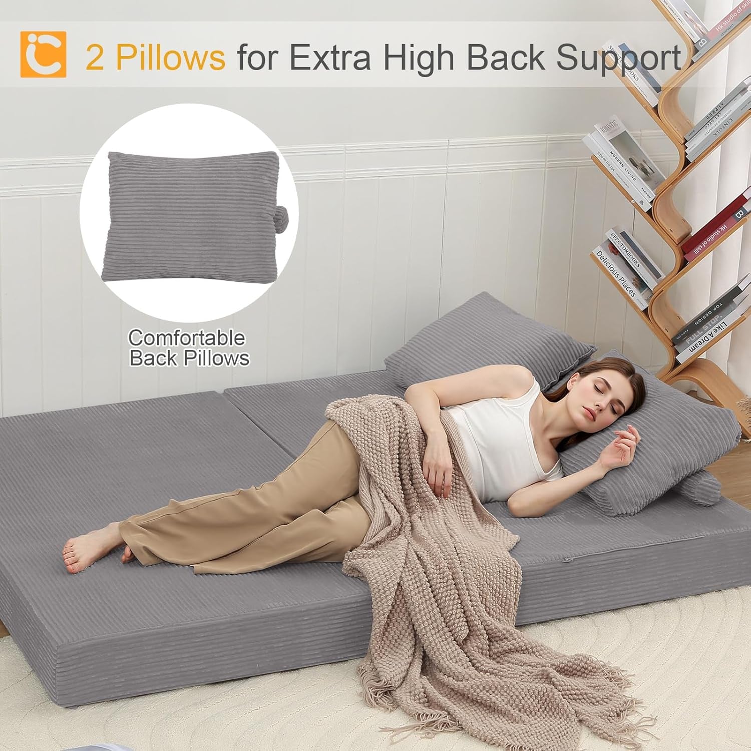 Futon Sofa Bed, Convertible Folding Sofa Bed, Boneless Couch Loveseat Corduroy with Pillows, Small Foldable Floor Couch Comfy Lounge Sleeper for Living Room Bedroom, Light Grey