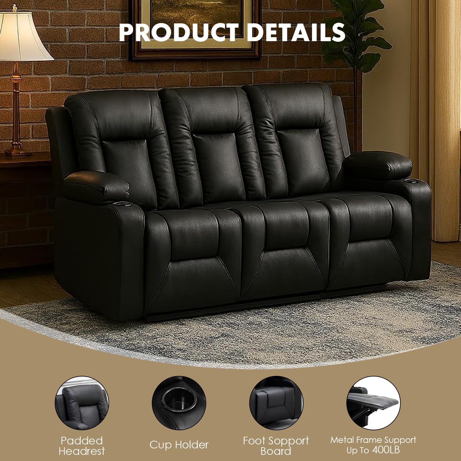 Leather Recliner Sofa Set with Manual Recliners,Living Room Furniture Set with Reclining Couch,Loveseat and Armchair,Living Room Chair with Cup Holders,Black (3+1+1)