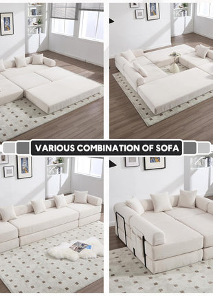 Luxurious Oversized Modern Corduroy L-Shaped Sleeper Sofa with Storage and Pillows in Beige and White