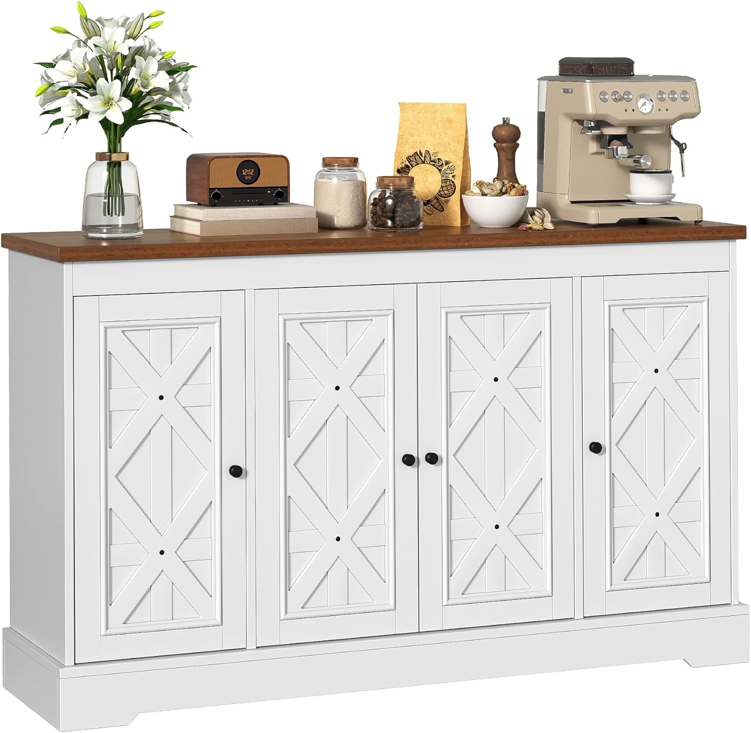 Sideboard Buffet Cabinet with Storage, 59" Buffet Storage with 4 Doors, Modern Farmhouse Coffee Bar Station Wood Kitchen Table with Adjustable Shelves for Kitchen, Living Room (White)